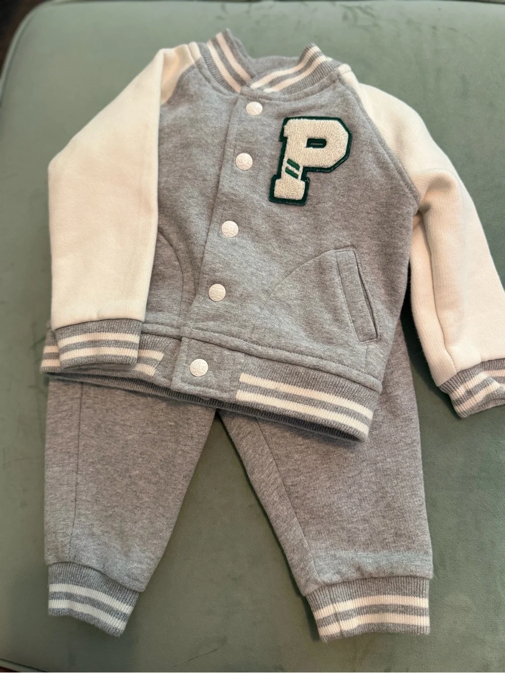 Ralph Lauren Baby Boy 2 piece Baseball Jacket and Jogger Set Grey 9 Months